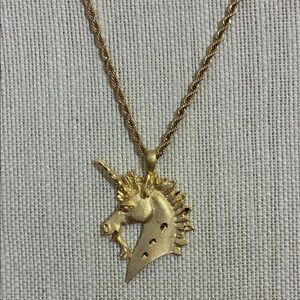 Vintage 14KT gold plated Gold Unicorn Pendant and 20” rope chain Necklace